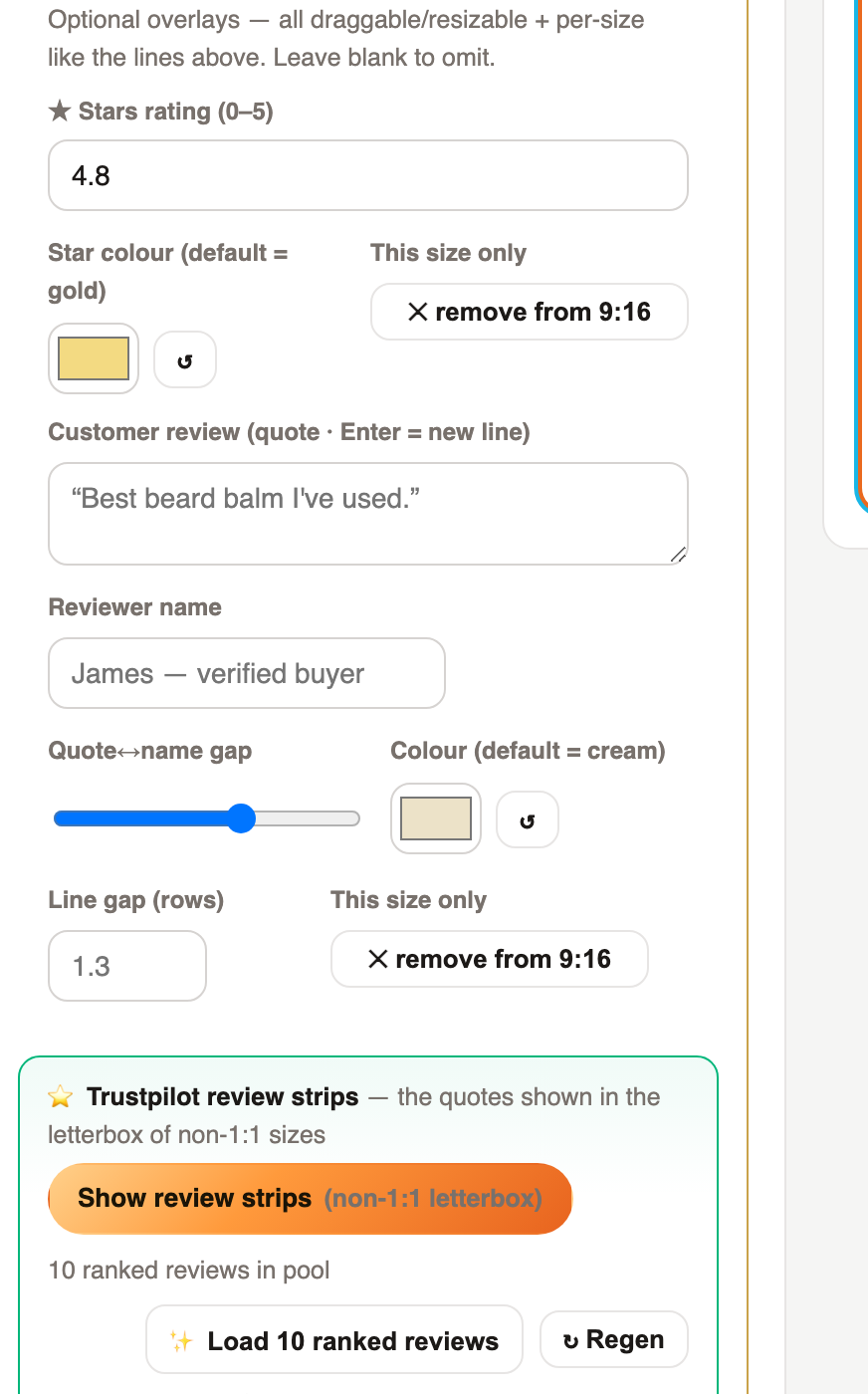 Stars, reviews & Trustpilot strips — all draggable layers