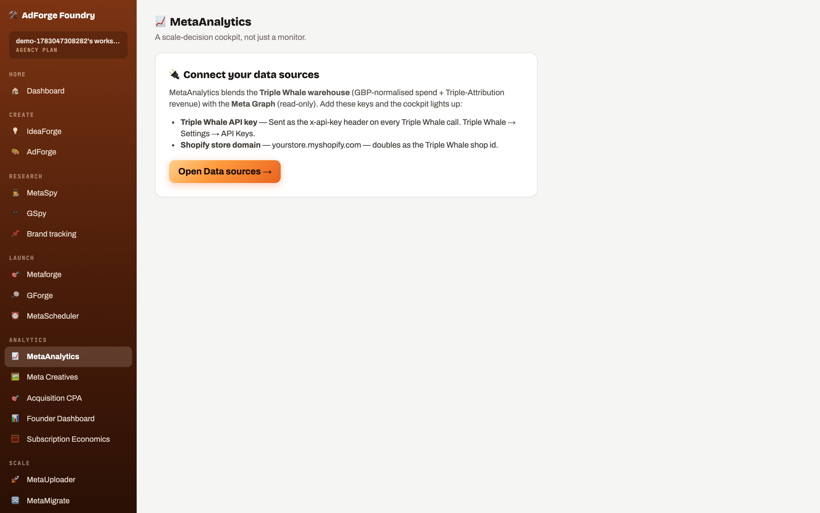 MetaAnalytics — Attribution-true analytics & creative verdicts (real product screenshot)