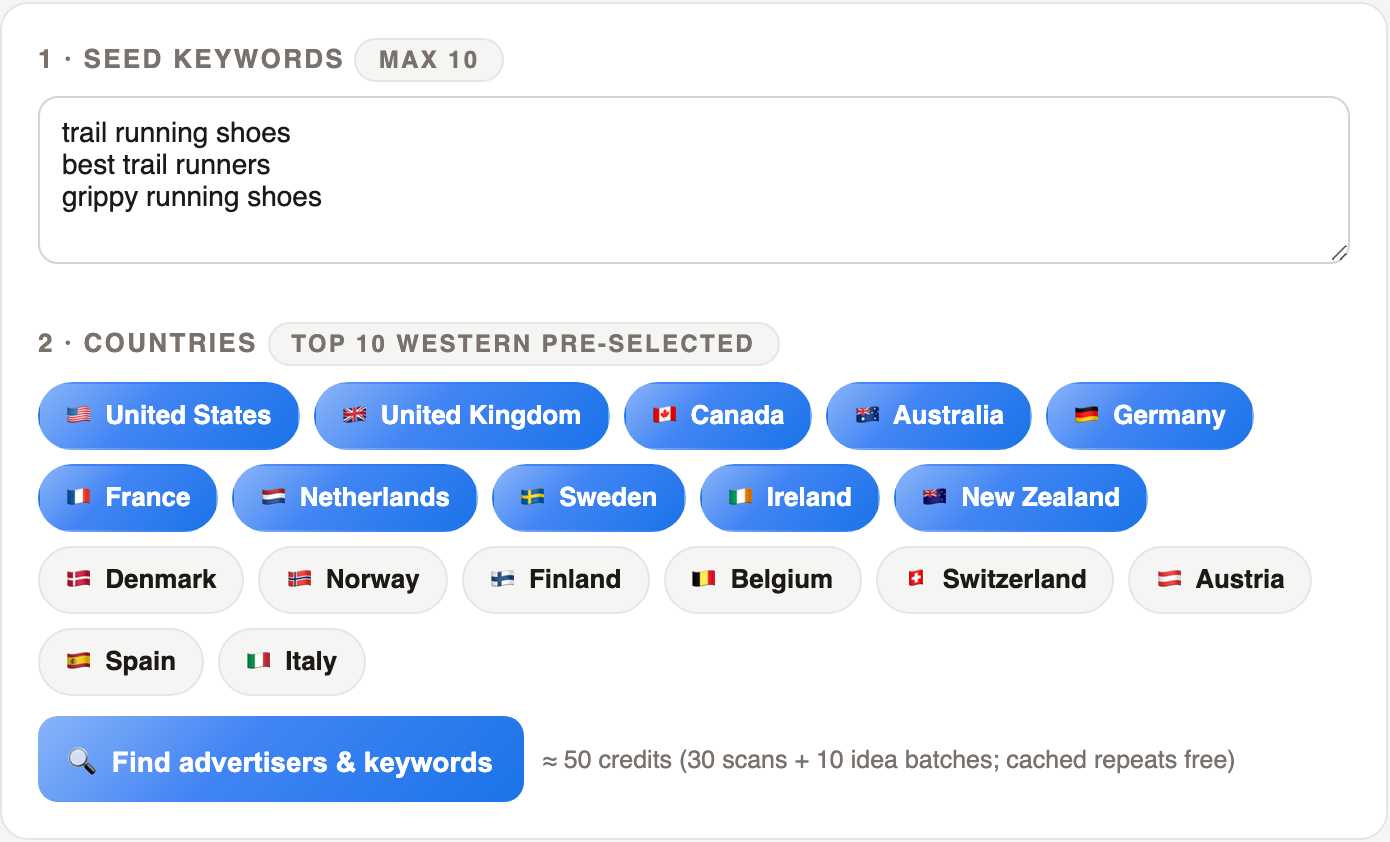 Seed keywords in, advertiser intel out