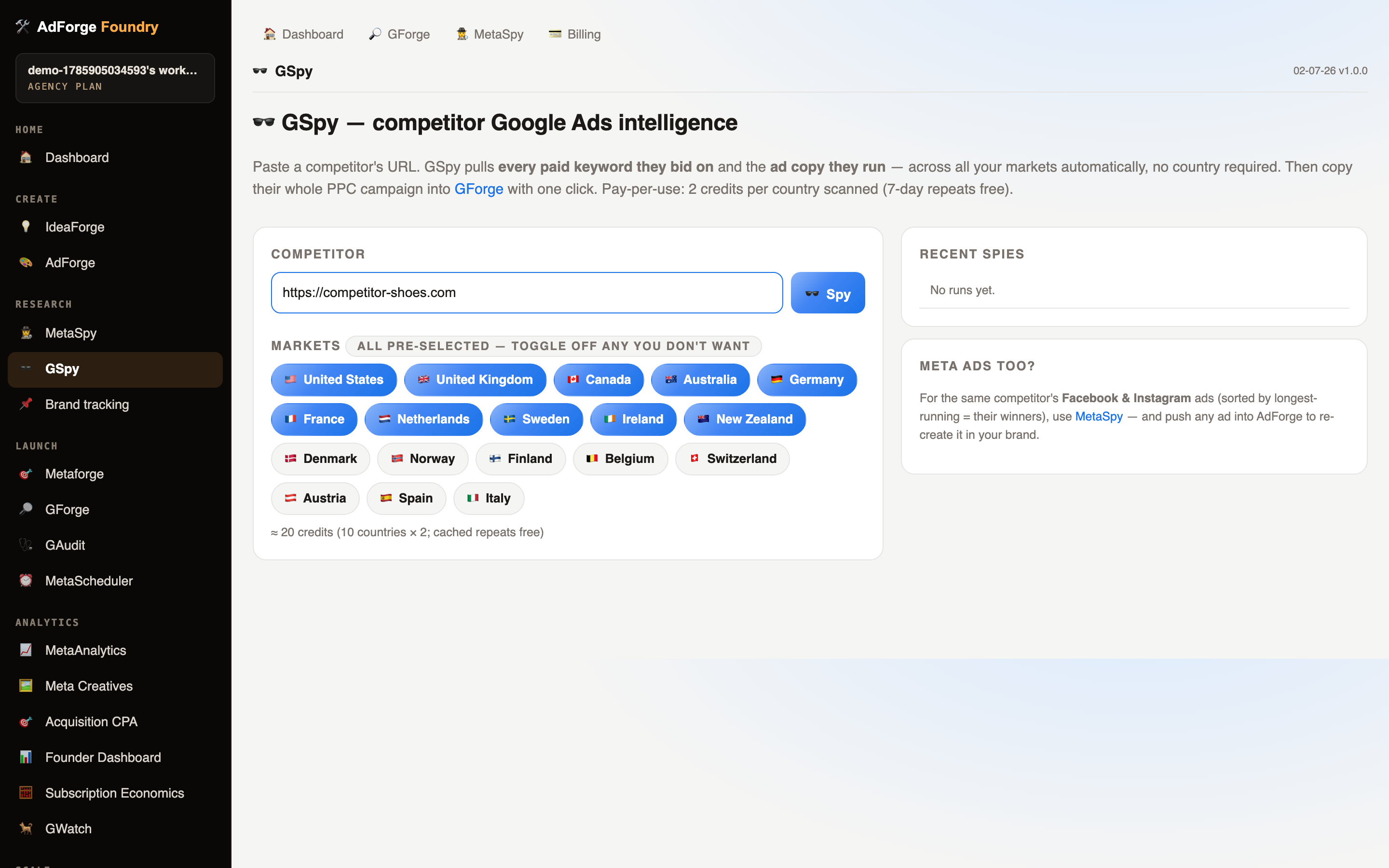 GSpy — Competitor Google Ads intelligence (real product screenshot)