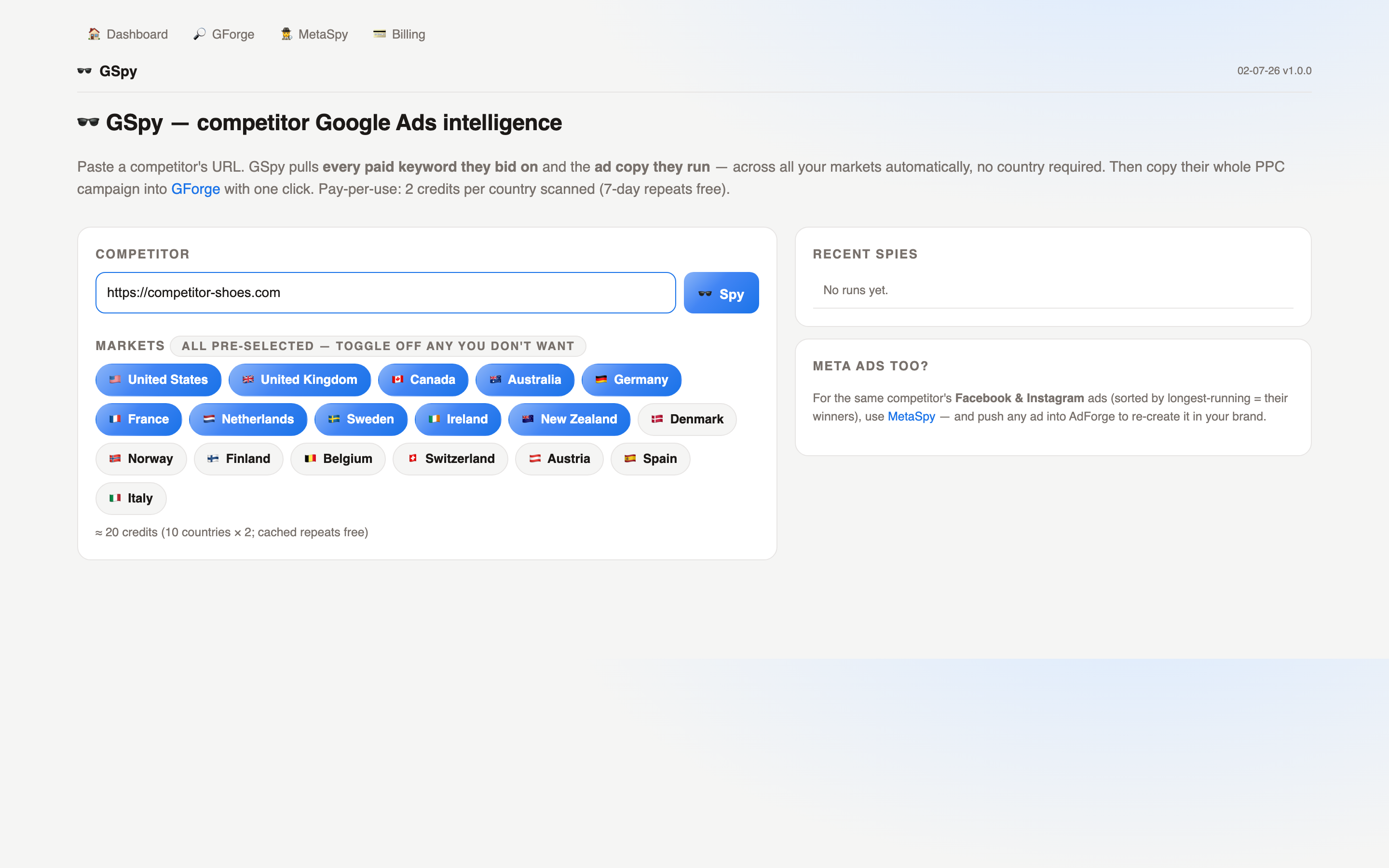 GSpy — Competitor Google Ads intelligence (real product screenshot)