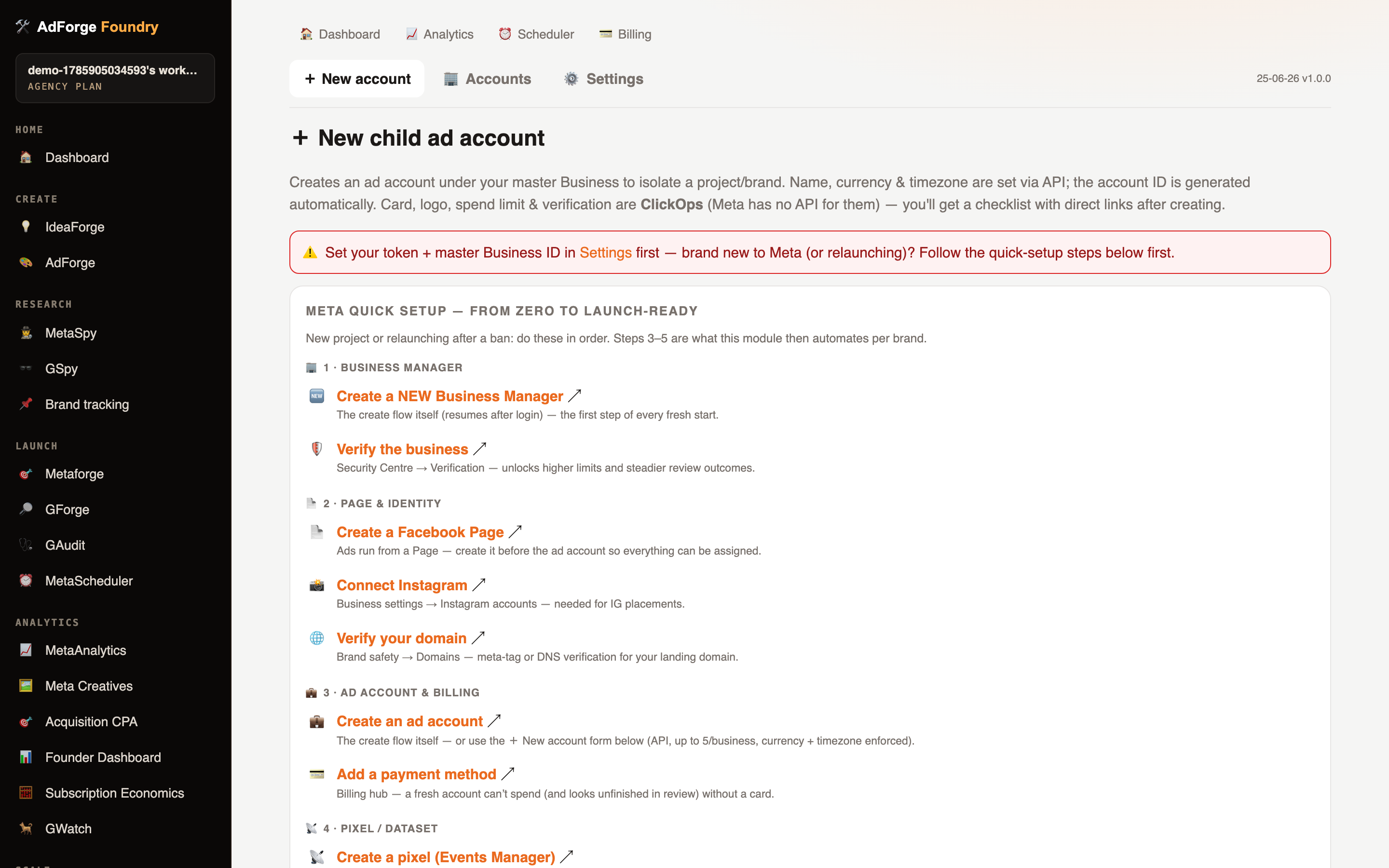 MetaAccounts — Child ad-account provisioning (real product screenshot)