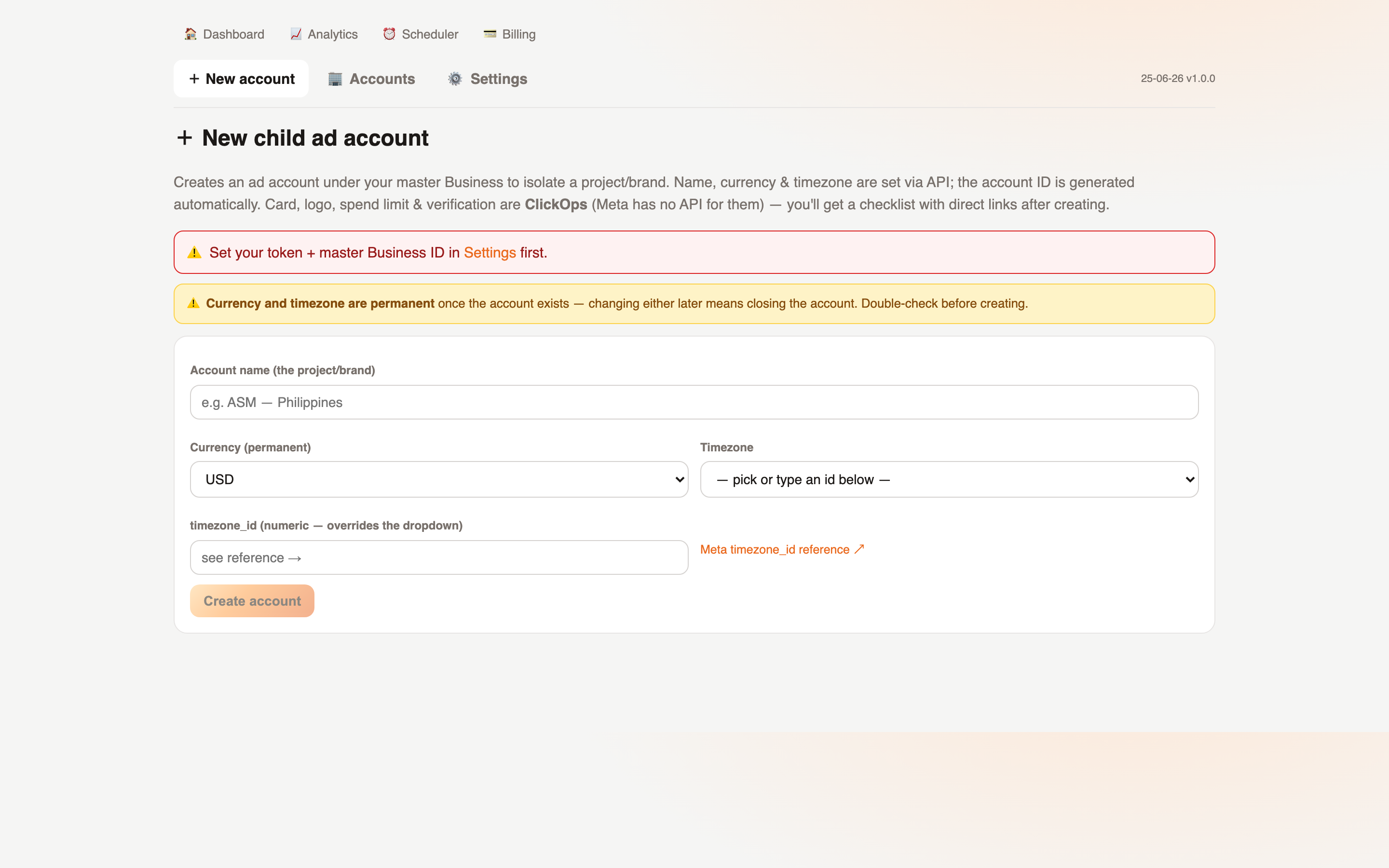 MetaAccounts — Child ad-account provisioning (real product screenshot)