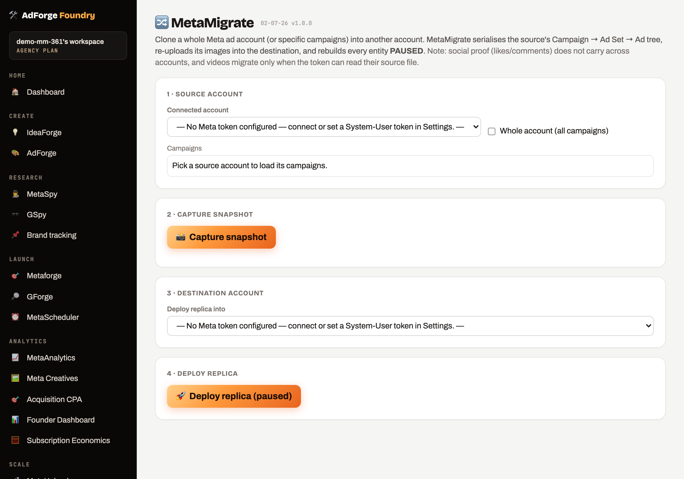 MetaMigrate — 100% campaign cloning across ad accounts (real product screenshot)