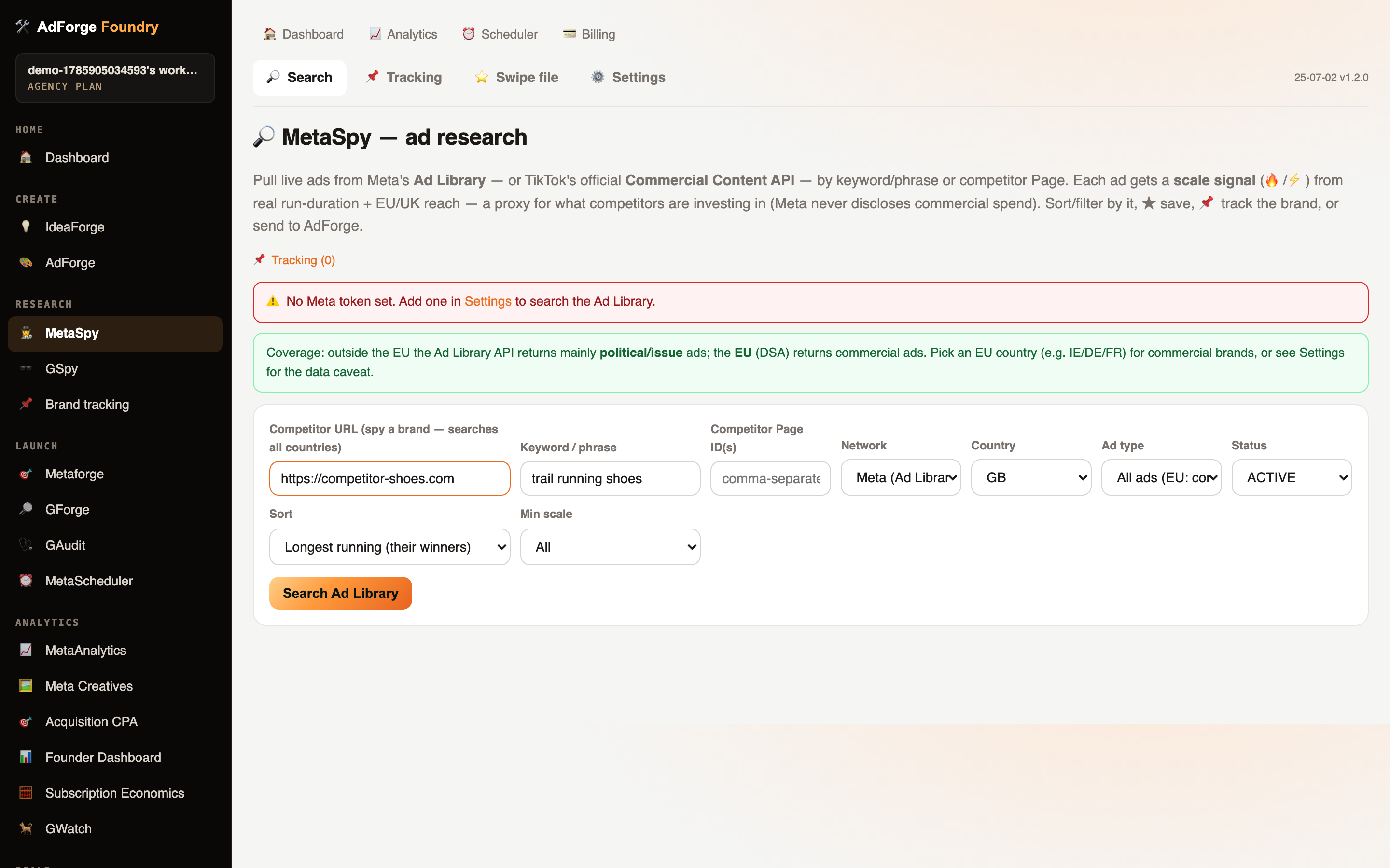 MetaSpy — Competitor ad research & swipe file (real product screenshot)