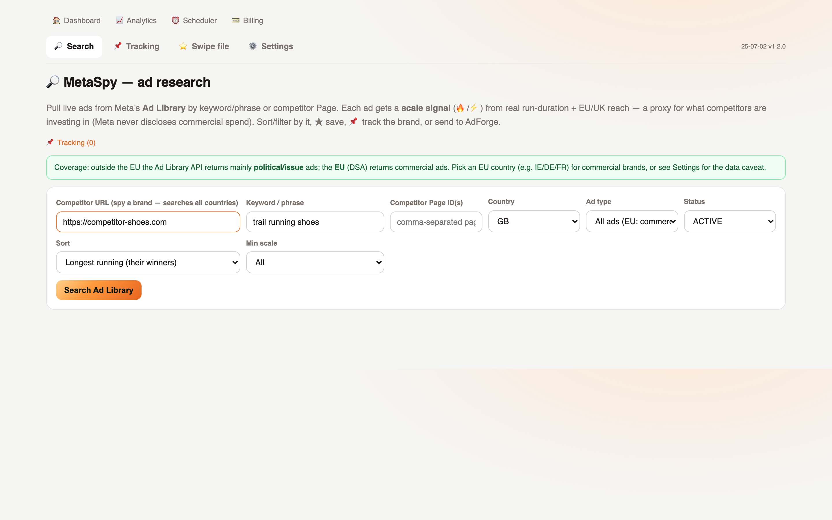 MetaSpy — Competitor ad research & swipe file (real product screenshot)
